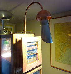 lamp made from water pipe, roof flashing and a 
mixing bowl